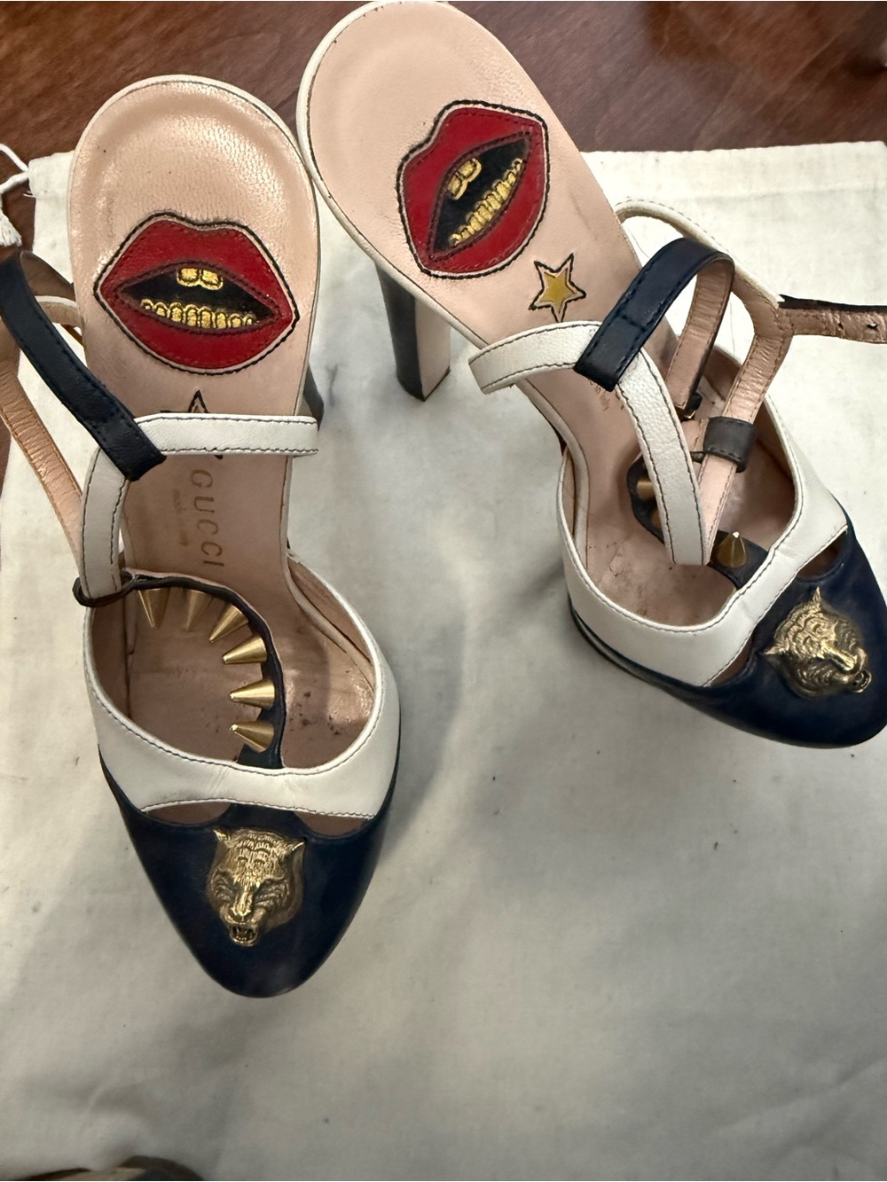 Gucci Navy, White & Red Leather High Heel Sandals with Gold Accents